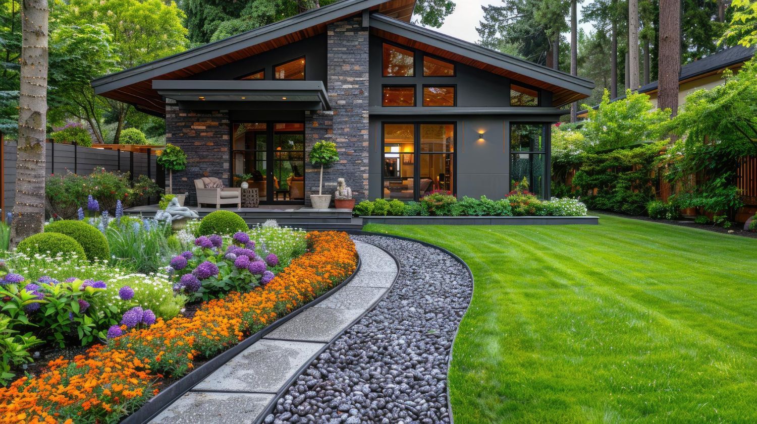 Modern house with a stone and gray facade, a pathway through a flower garden, and lush green lawn.