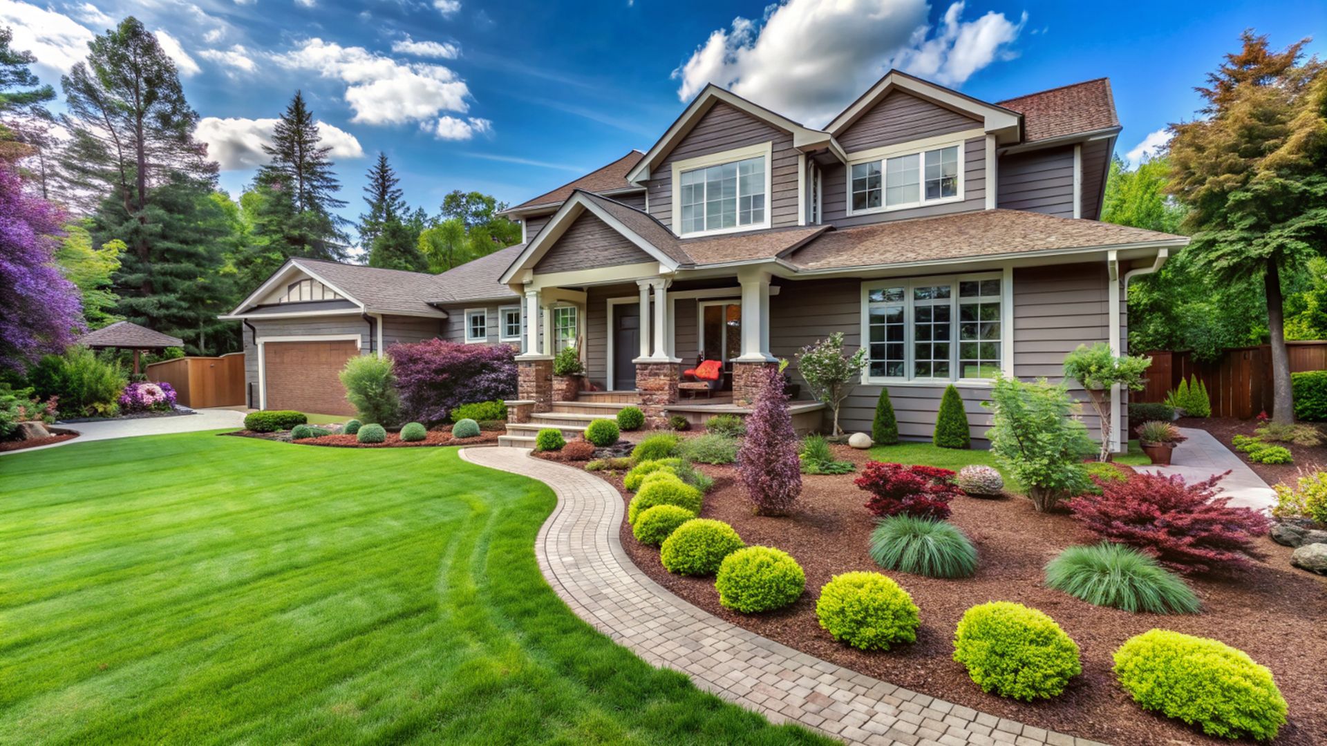 Large suburban home with manicured lawn, curved walkway, and colorful landscaped garden.