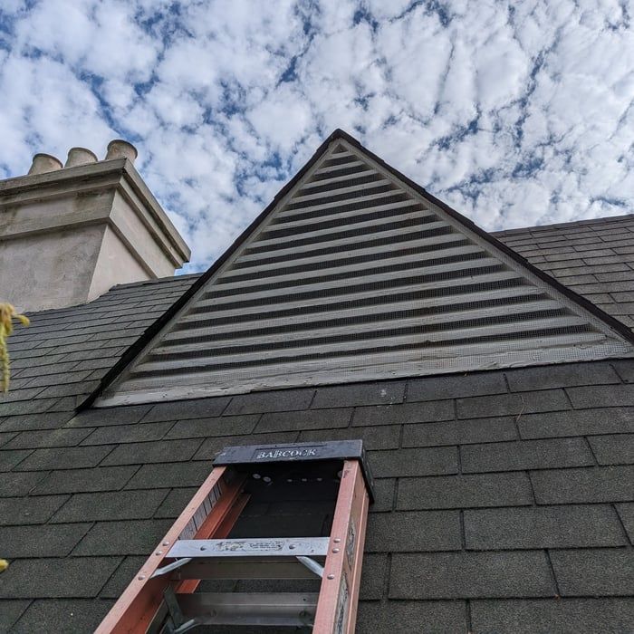 Ladder on a dark-shingled roof, angled towards a wooden triangle vent. Cloudy sky and a chimney are visible.
