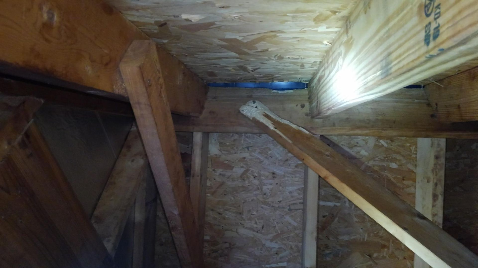 Inside a cramped attic, wooden beams and plywood panels frame a narrow crawlspace.