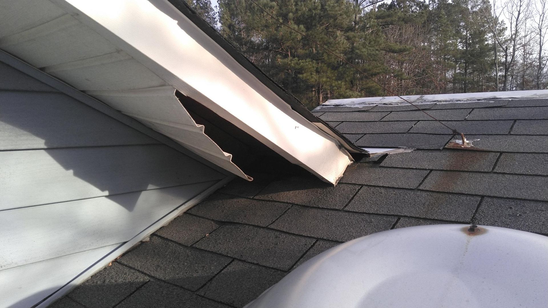 Roof damage with a lifted shingle panel exposing the roof edge near trees and a white vent