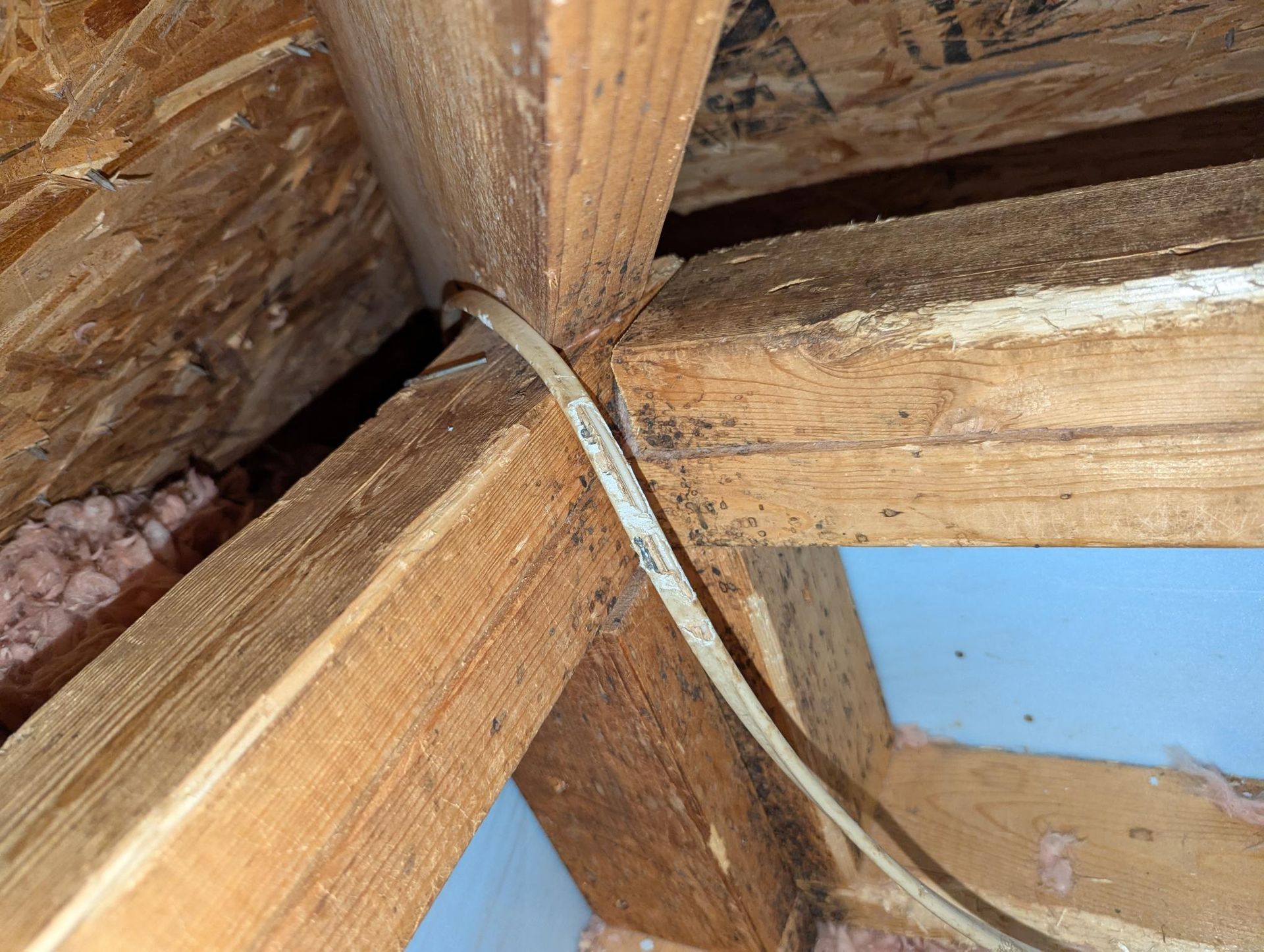 Close-up of wooden roof beams joined at a corner with a light-colored cable running across them.