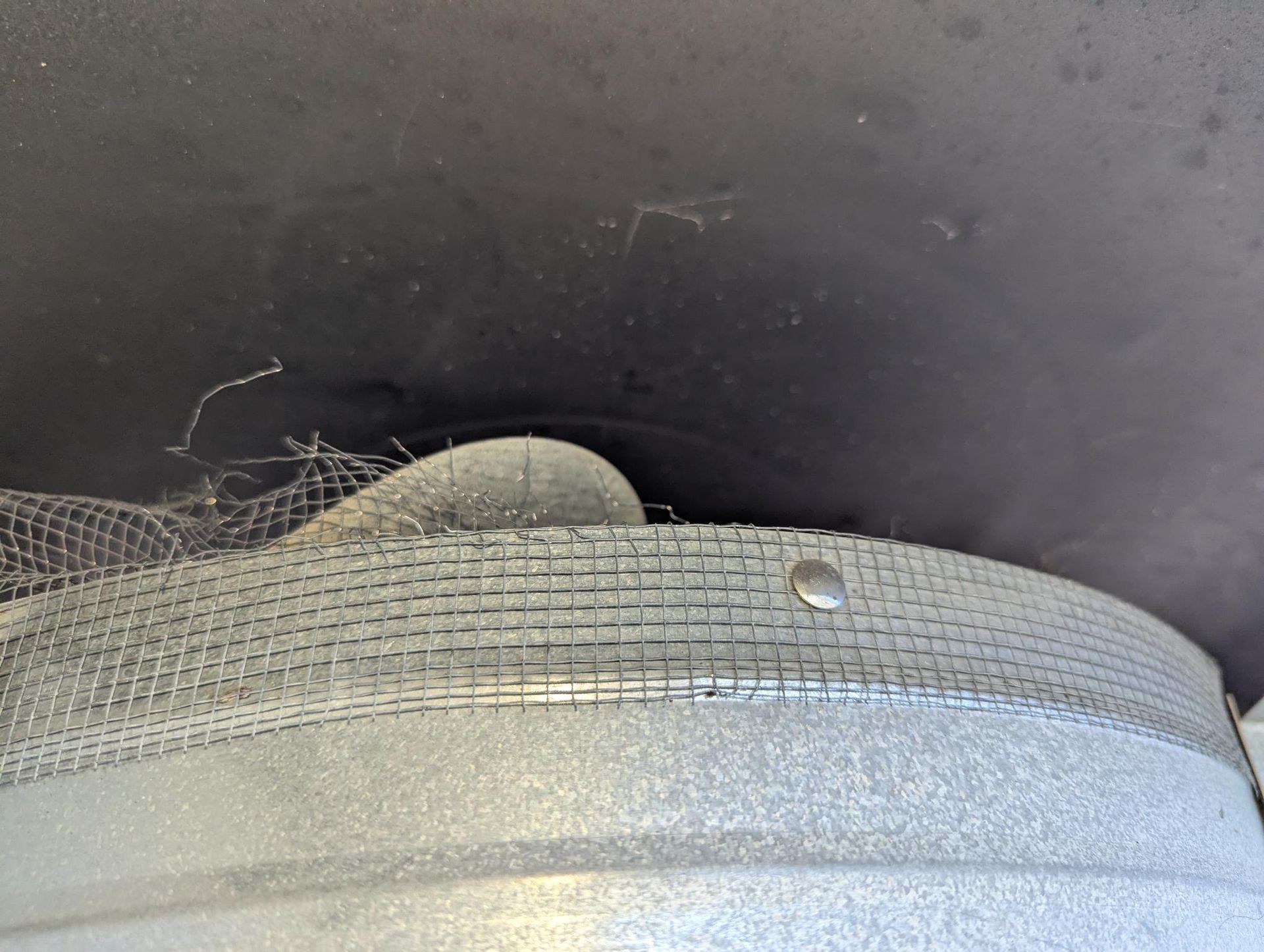 Close-up of a gray tire under a dark wheel well, with a small nail embedded in the tread.
