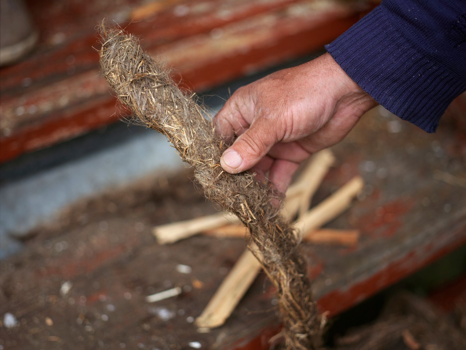A hand holding a mass of brown, fibrous material, possibly tinder, over a wooden surface with kindling.