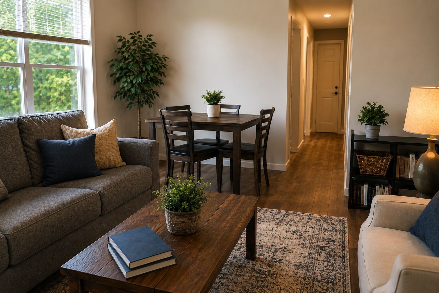 Cozy living room with sofa, armchair, coffee table, dining nook, and hallway