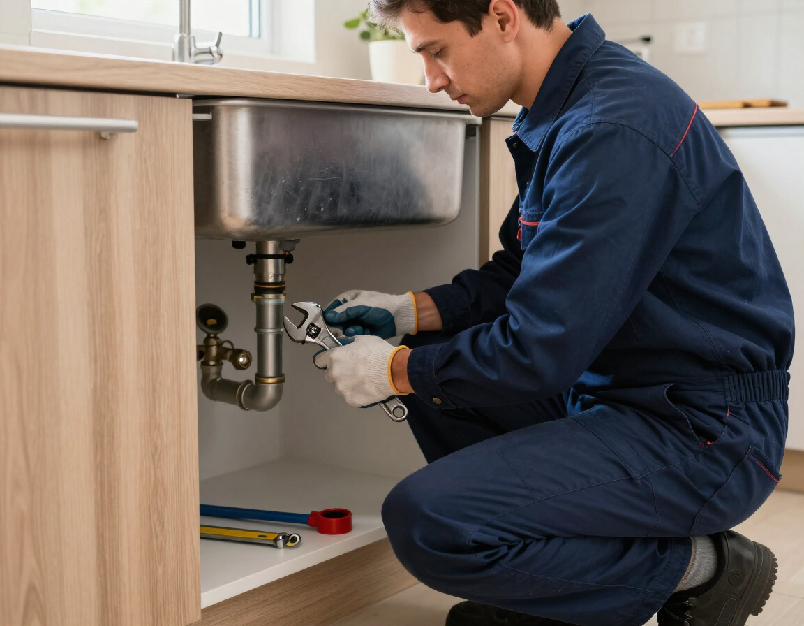 Photo placeholder: upload image of a plumber mid-repair under a sink