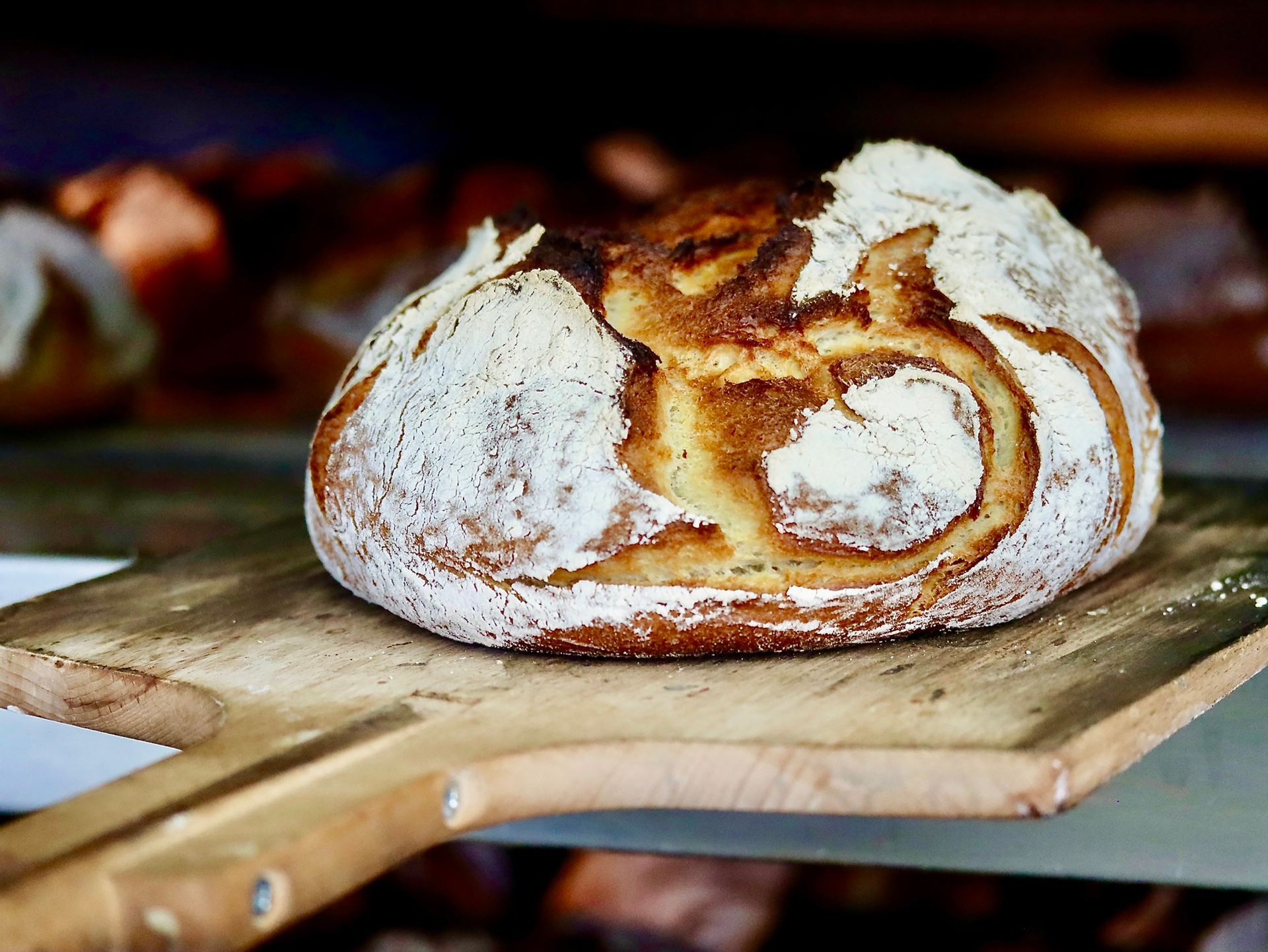 Ein Laib rot Sauerteigbrot auf einem Holzschieber, aus dem heißen Ofen geholt.Fotograf Tübingen. Fotograf Reutlingen.