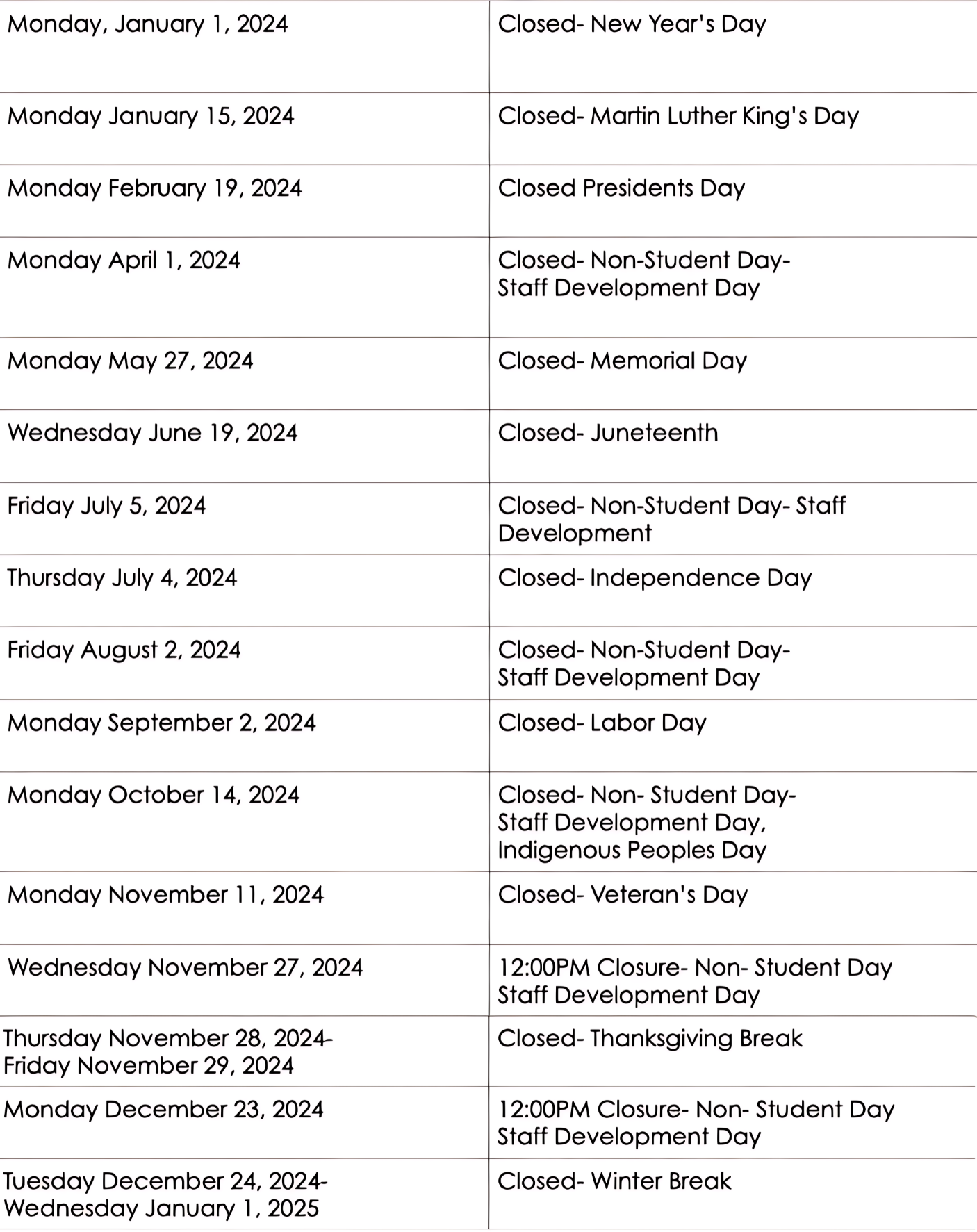 A table of holidays for the year 2024