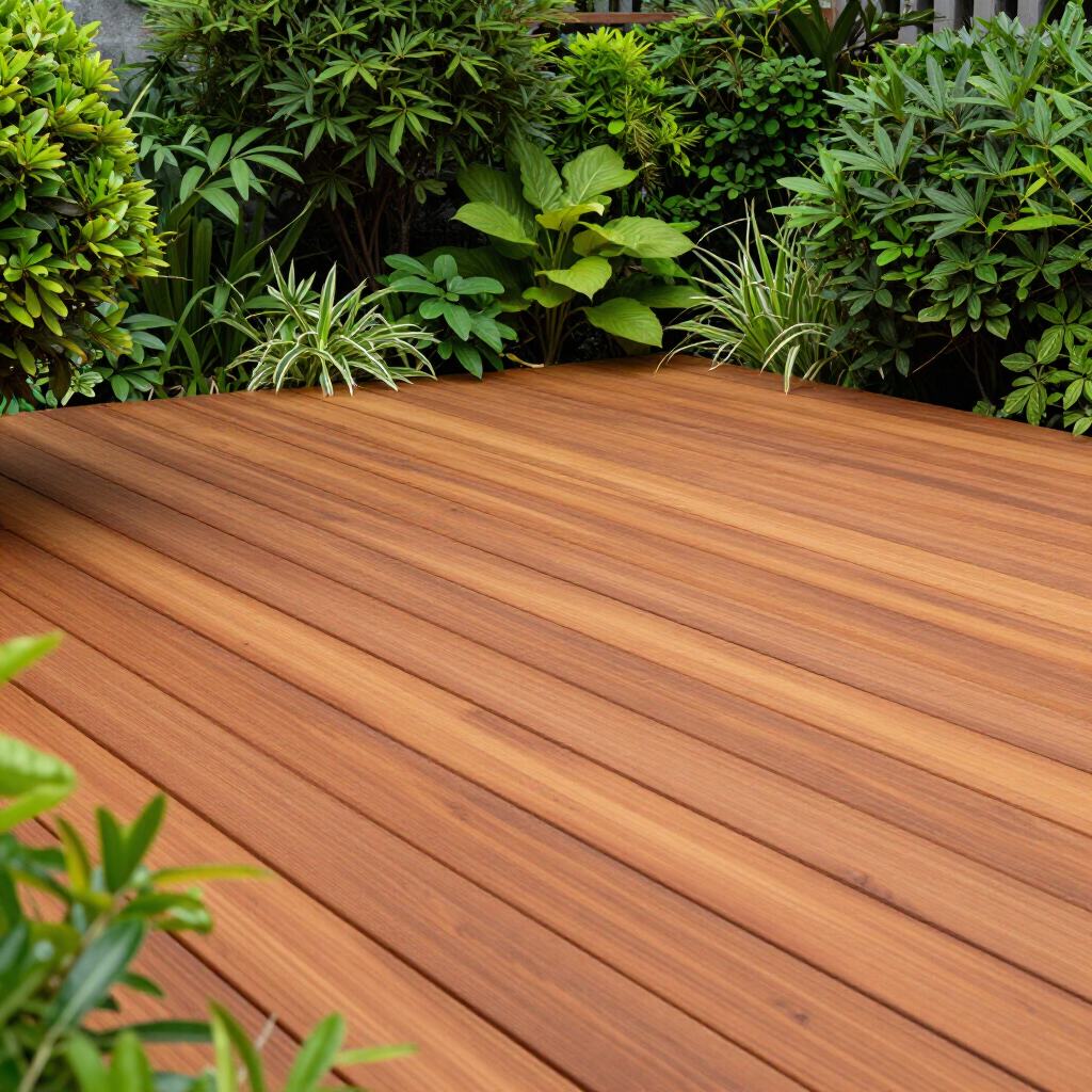 Wooden deck in a lush green garden with tropical plants around it