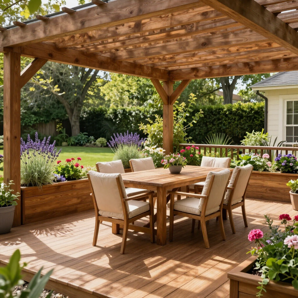 Wooden pergola over a patio dining set, surrounded by colorful flowers and a lush garden.