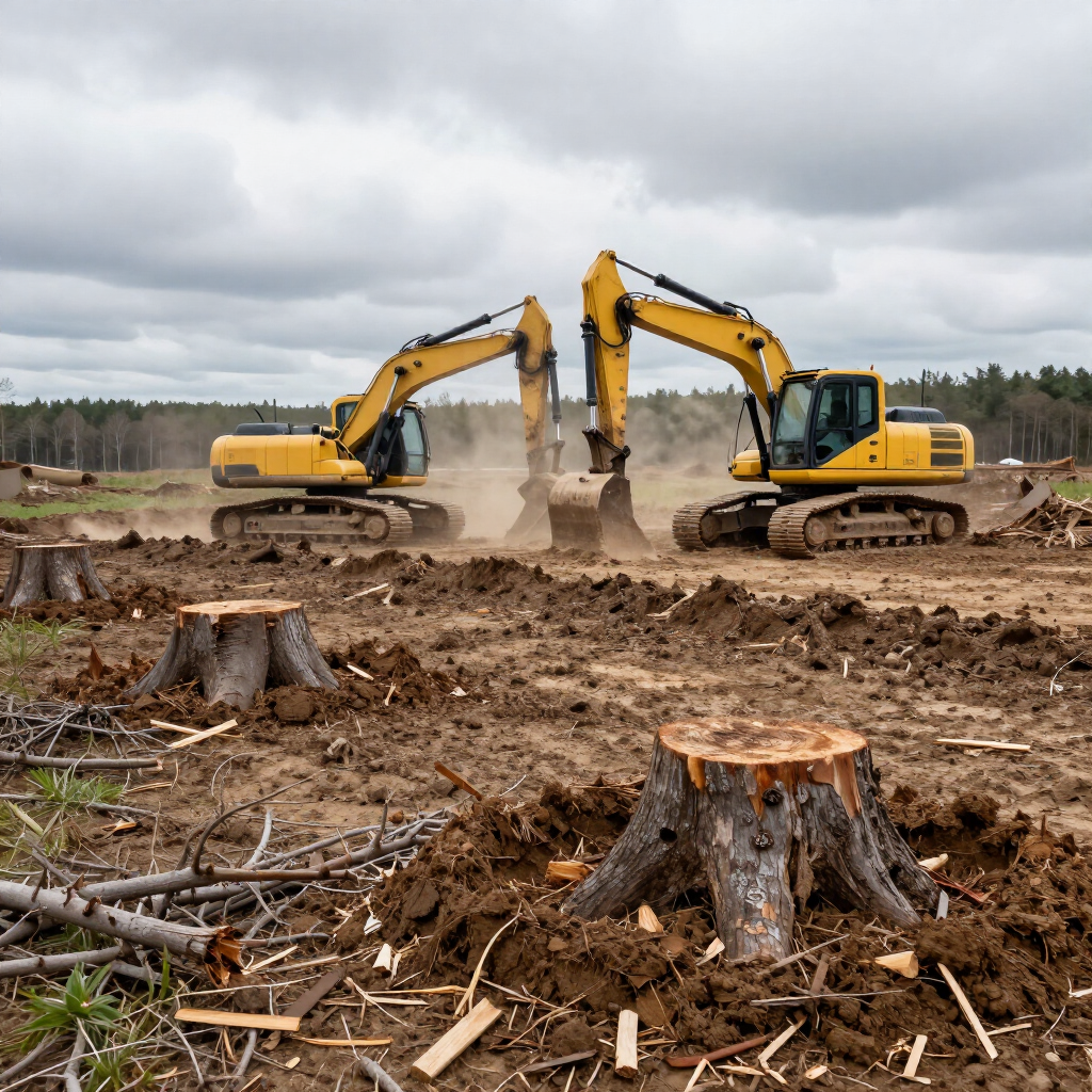 Two yellow excavators clearing a muddy forest site with tree stumps and logs