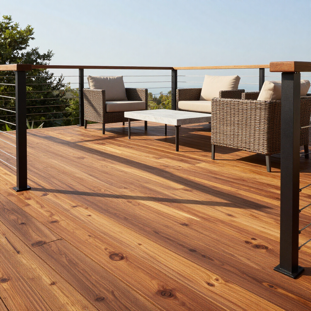 Wooden deck patio with wicker chairs, table, and ocean view at sunset