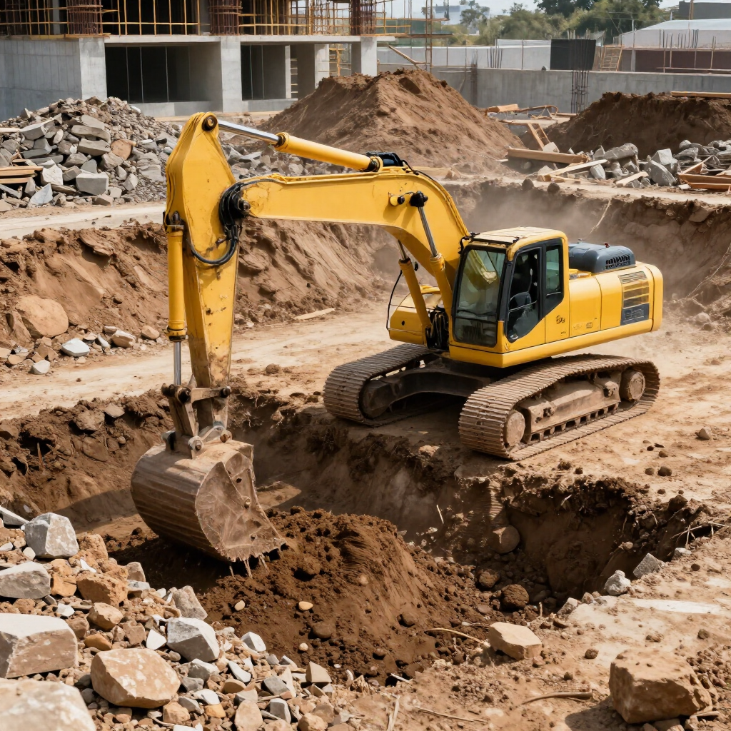Yellow excavator digging a large pit at a construction site amid piles of rubble and dirt