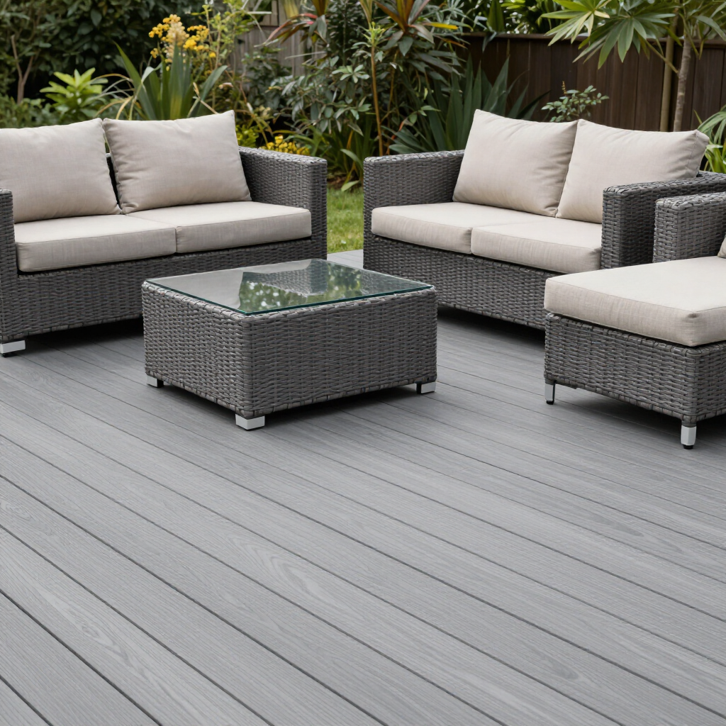Modern gray patio furniture set with beige cushions and glass-top table on a deck