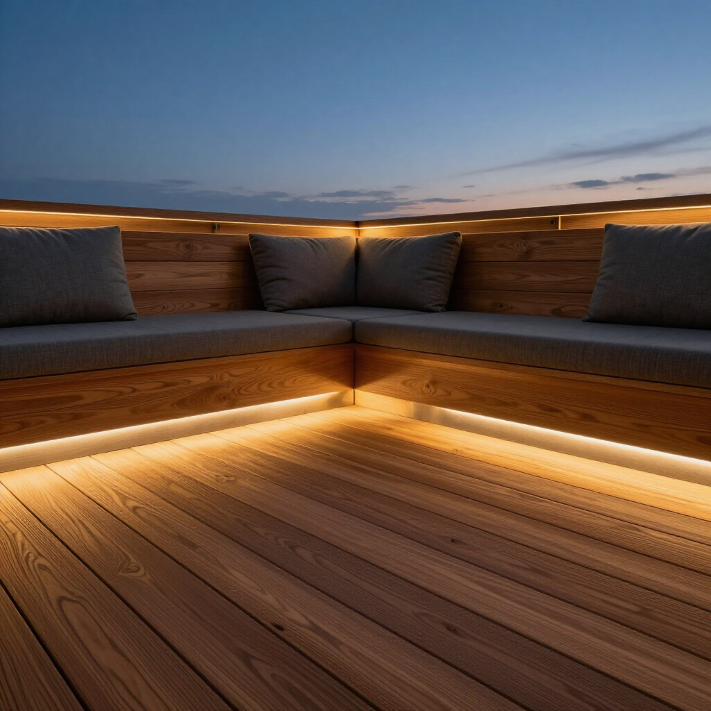 Wooden deck seating with gray cushions and warm LED lighting at dusk