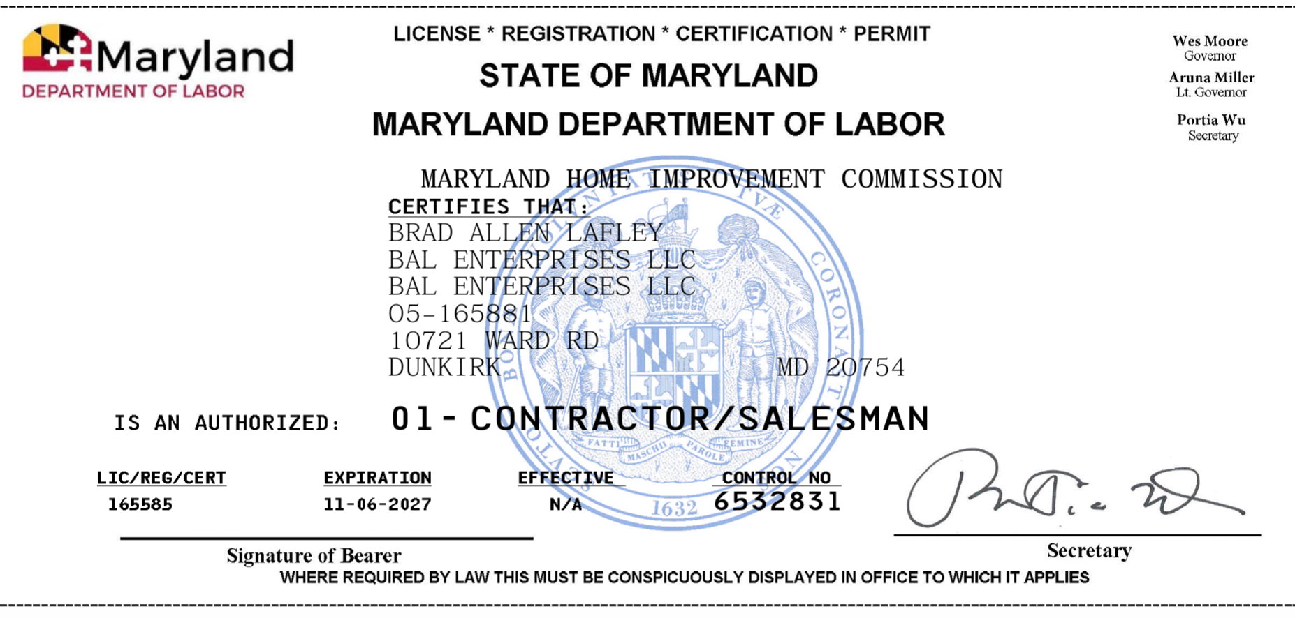 State of MD certificate for home improvements