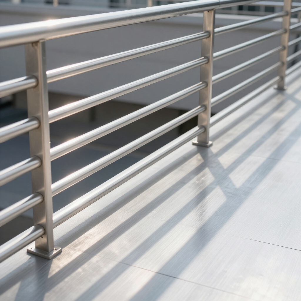 Silver metal railing casting shadows on a light gray walkway