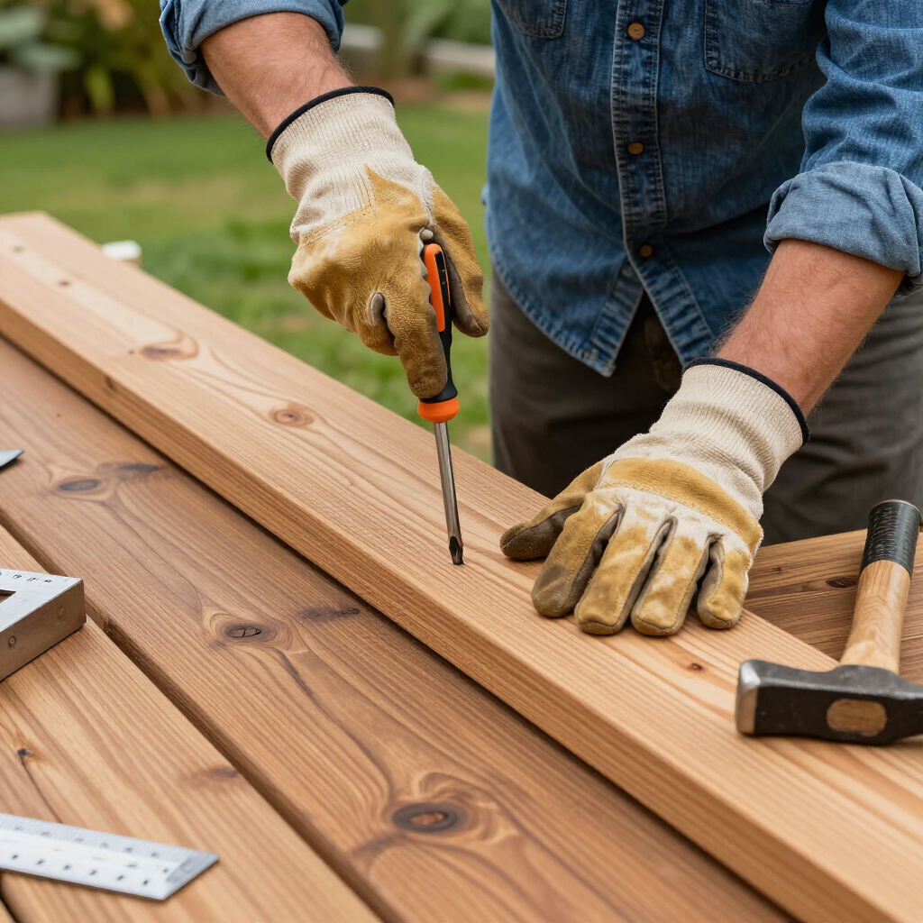 Person drilling a screw into a wooden board on a workbench, with measuring tools nearby.