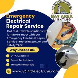 A Bay Area Lighting flyer for 24/7 emergency electrical repair services, featuring technician photos and website link.
