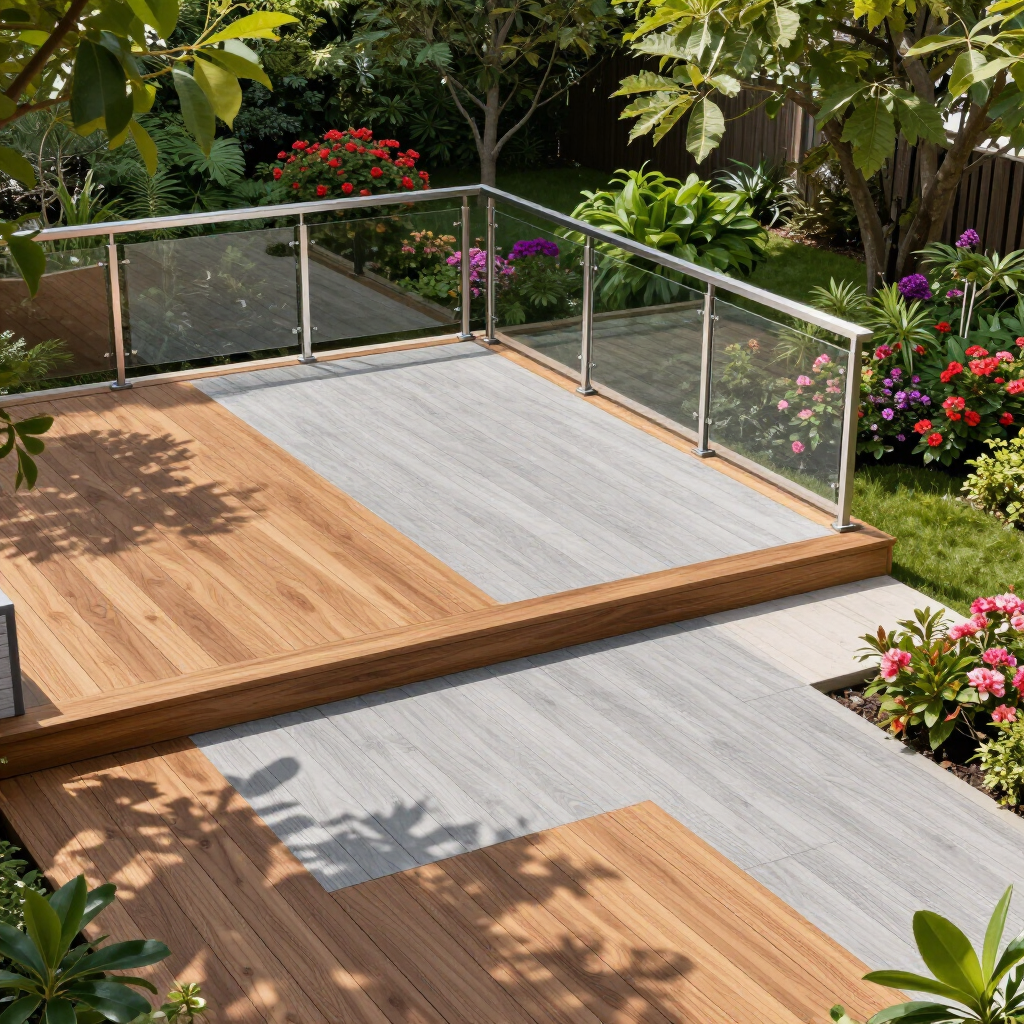Wooden deck walkway with glass railing in a lush garden, bordered by colorful flowers and greenery