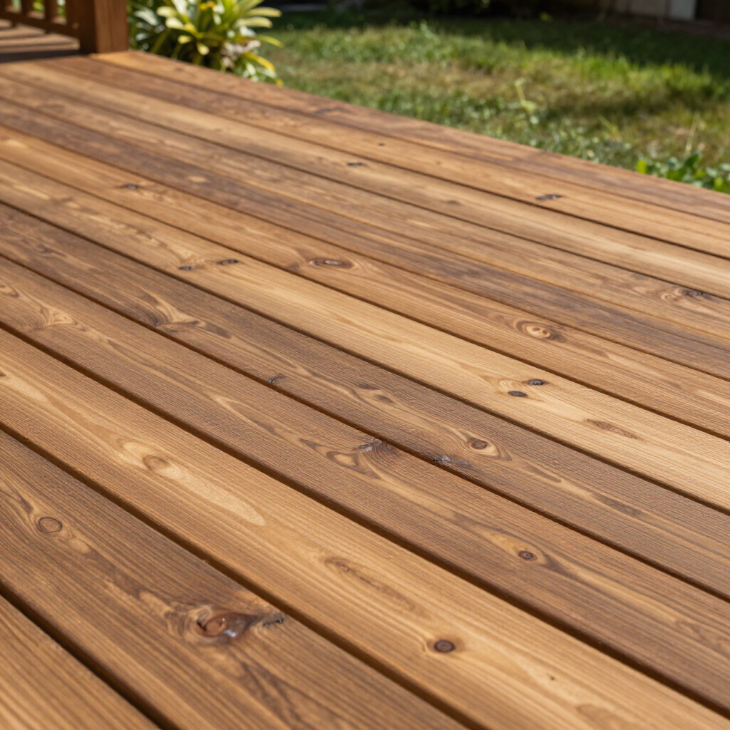 Close-up of sunlit wooden deck planks with visible grain and knots outdoors