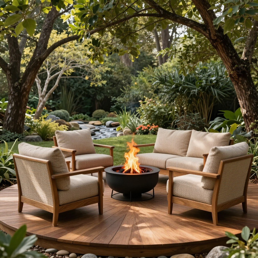 Outdoor seating area with four beige chairs around a fire pit on a wooden deck in a lush garden.