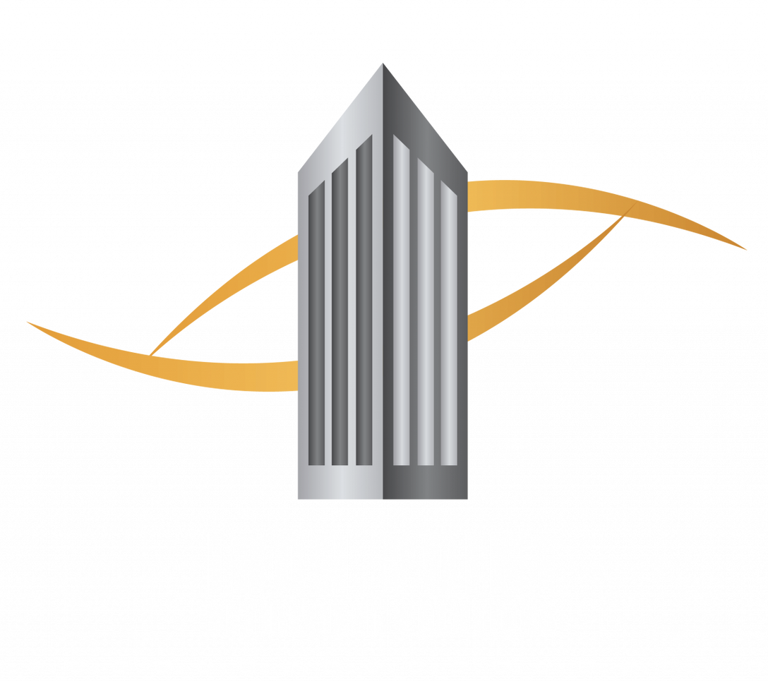 A building with a yellow swirl around it on a white background.