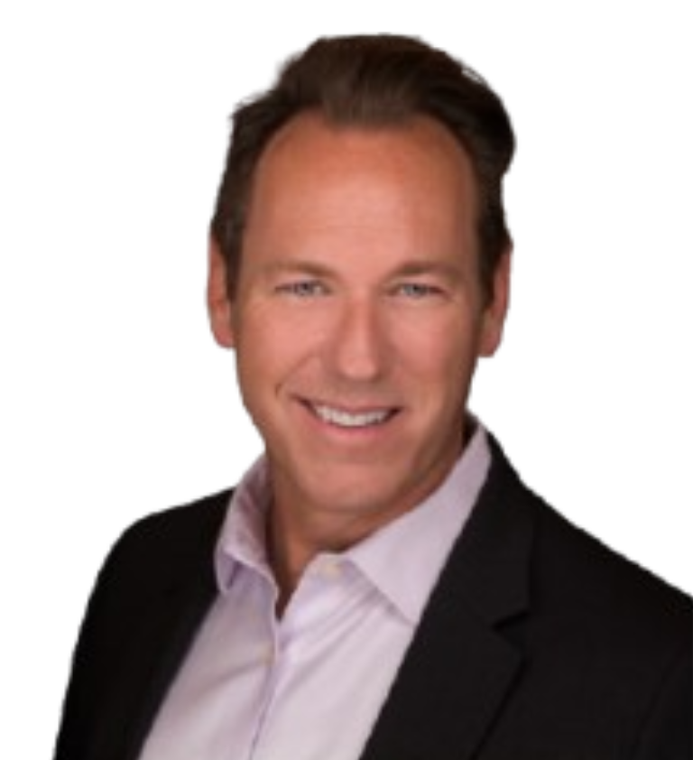Portrait of a smiling man in a black blazer and light purple shirt on a white background