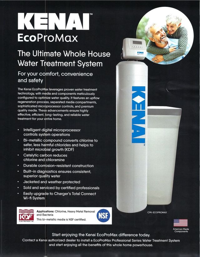 KENAI EcoProMax water treatment system ad with white filter tank, gray tank, and child photo
