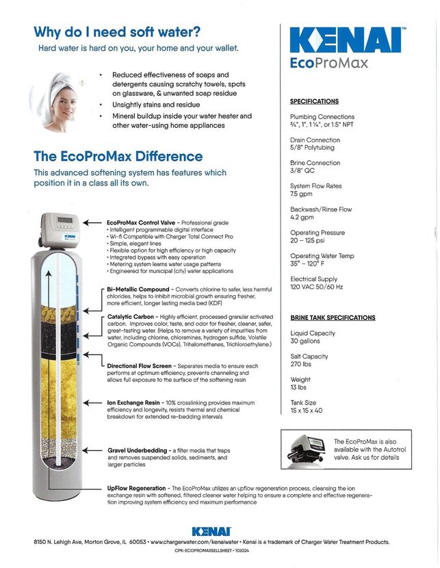 Kenai EcoProMax water softener brochure with product diagram and feature list
