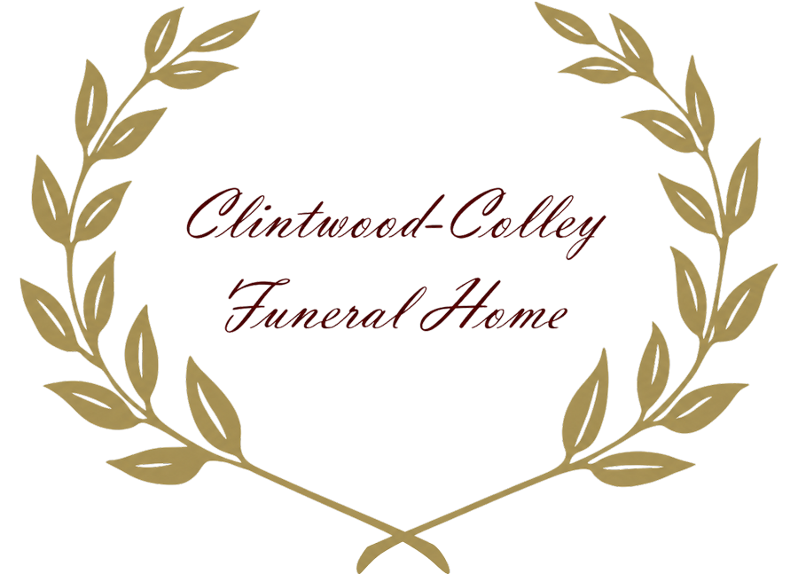 Clintwood-Colley Funeral Home logo with gold laurel wreath on a white background.