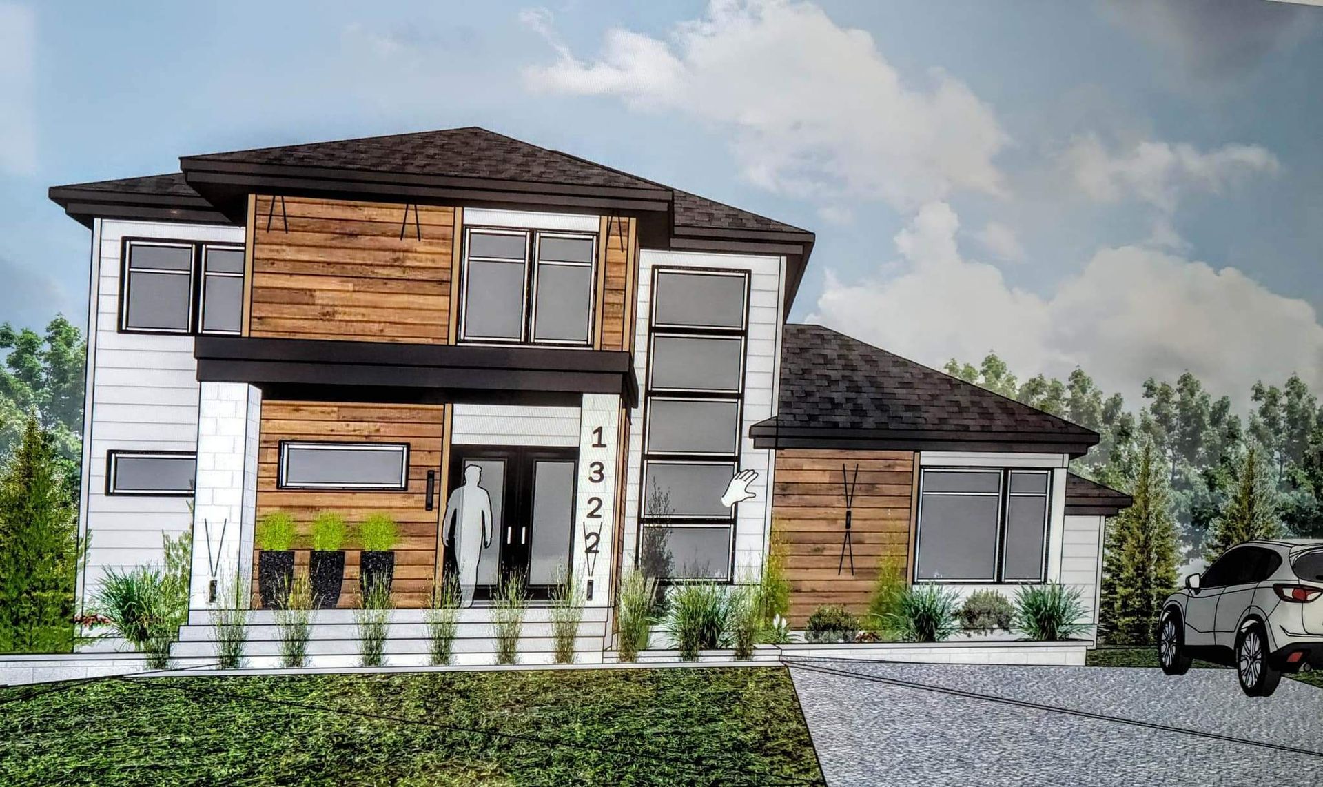 Maison moderne à deux étages avec toit brun foncé et éléments en bois, murs blancs et une voiture dans l'allée.