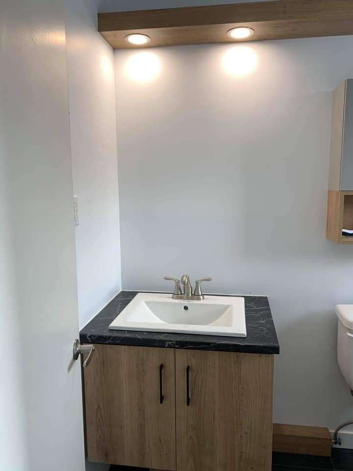 Meuble-lavabo de salle de bain avec armoire en bois, comptoir noir, lavabo blanc et deux luminaires suspendus.