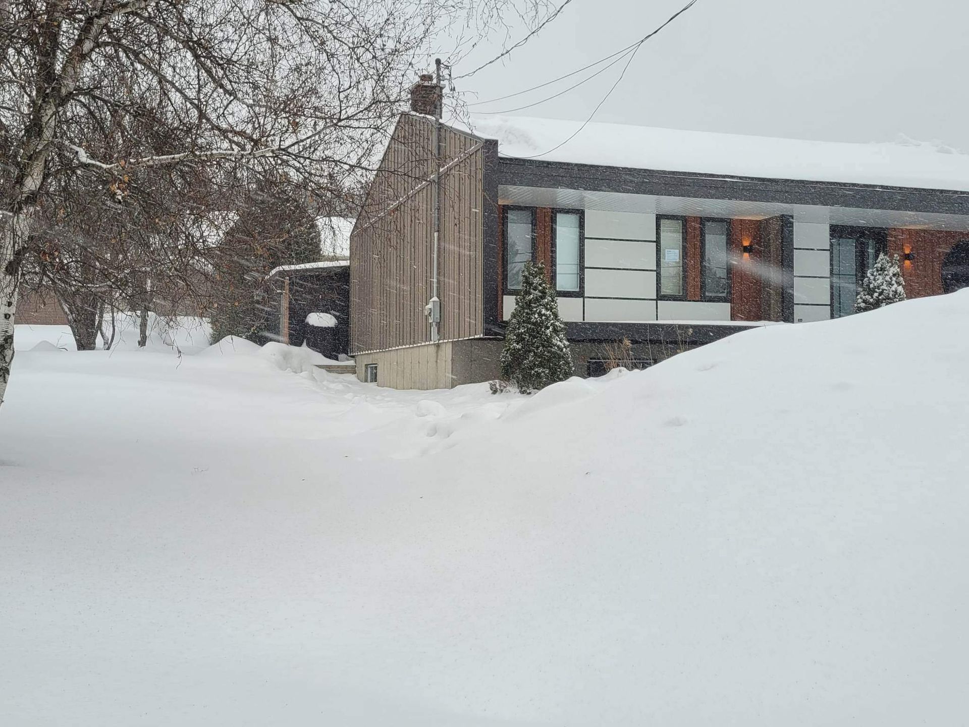 Une maison et un jardin enneigés pendant une chute de neige. Un chemin est dégagé jusqu'à la porte.