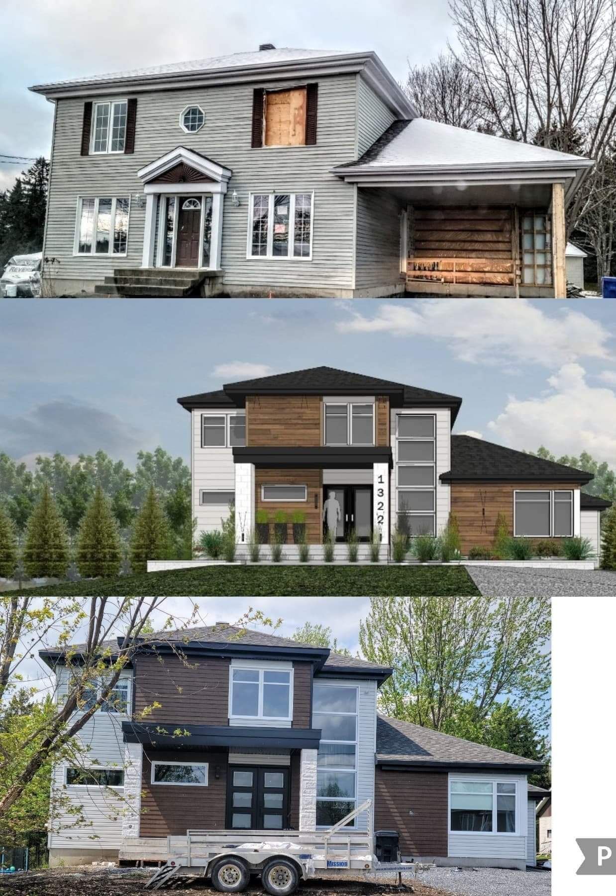 Rénovation de maison : une vieille maison grise transformée en une habitation moderne avec des éléments en bois et un design cubique.
