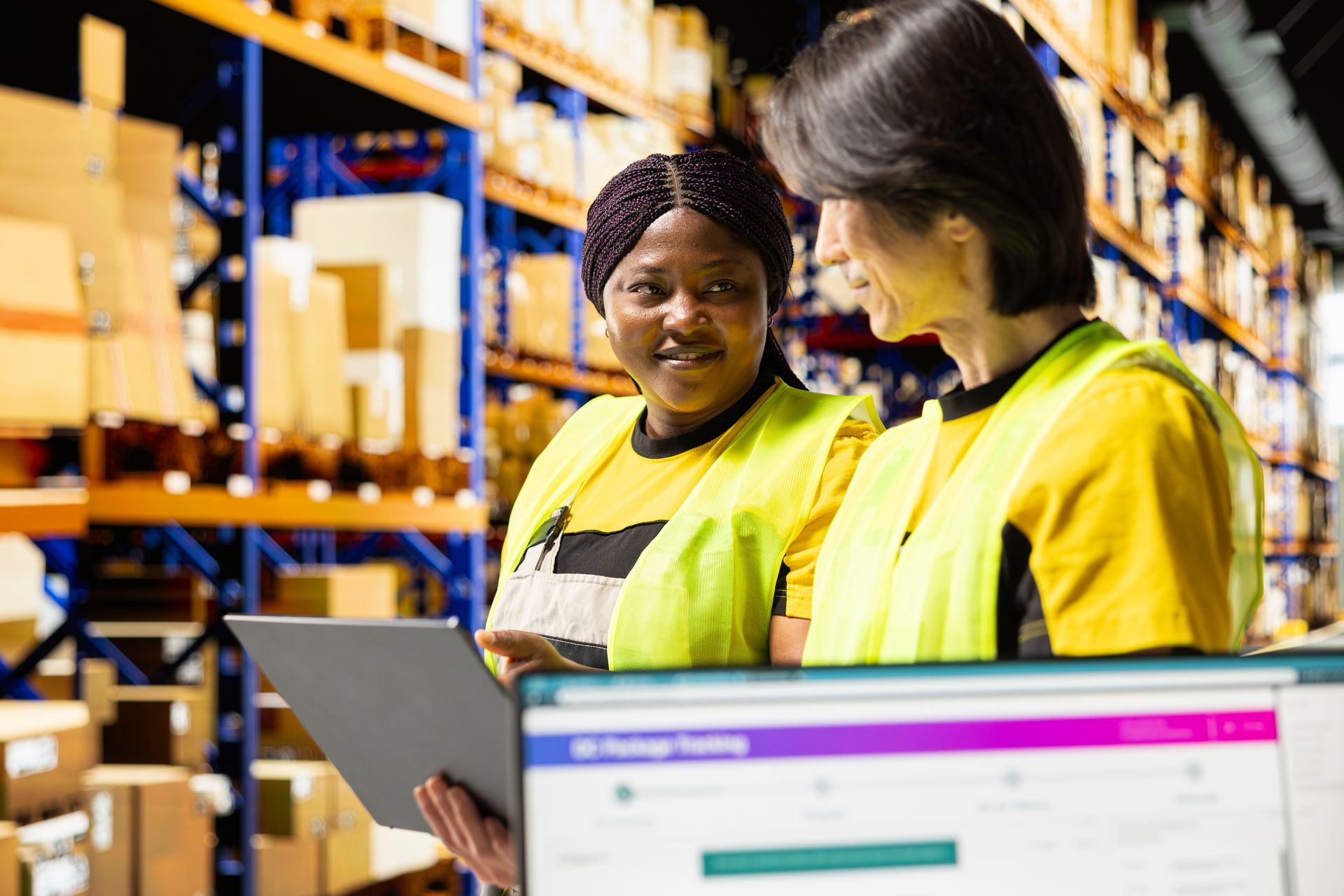Warehouse team reviewing inventory visibility and fulfillment reporting data in a modern warehouse.