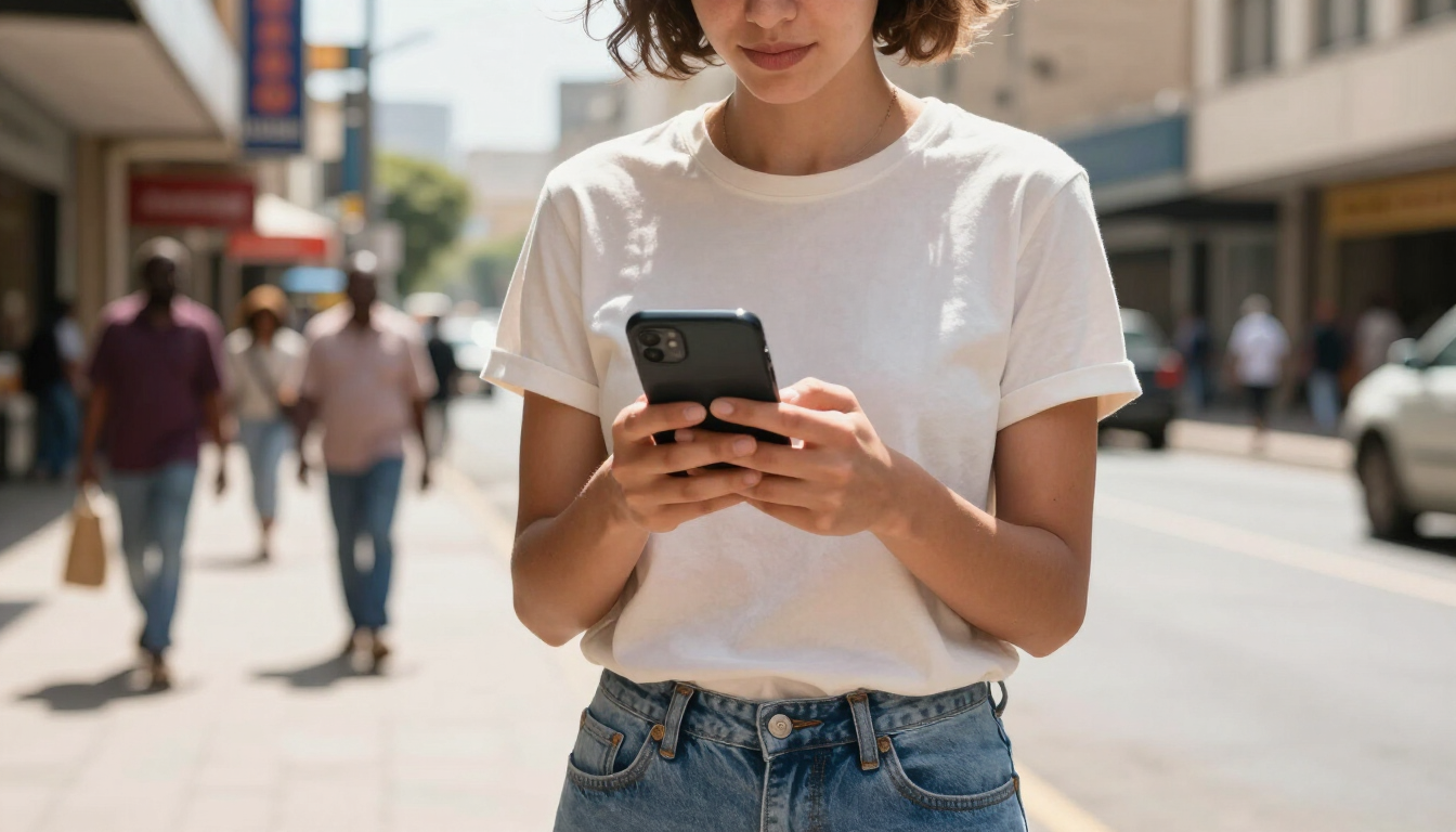 Smartphone displaying local search results in a South African city setting.
