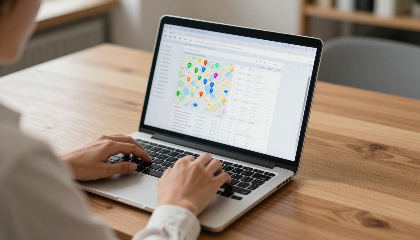 A professional auditing business listings on a laptop