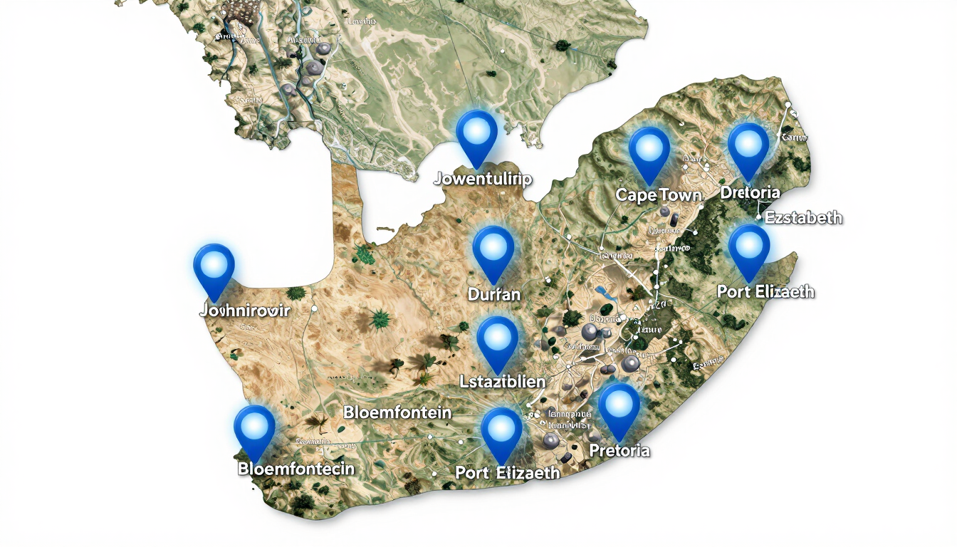 Map of South Africa with business pins