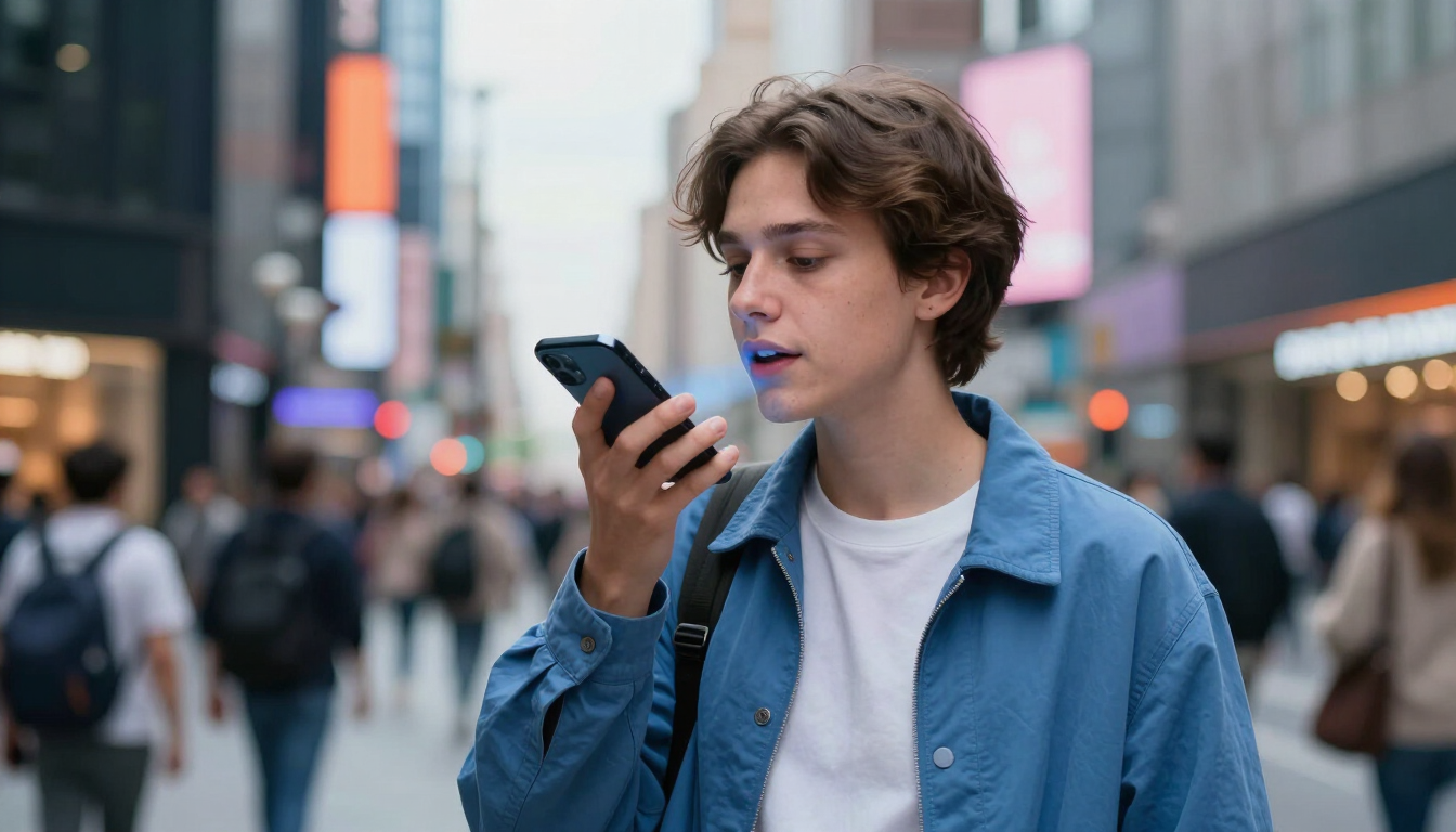 A person using voice search on a smartphone in an urban setting.