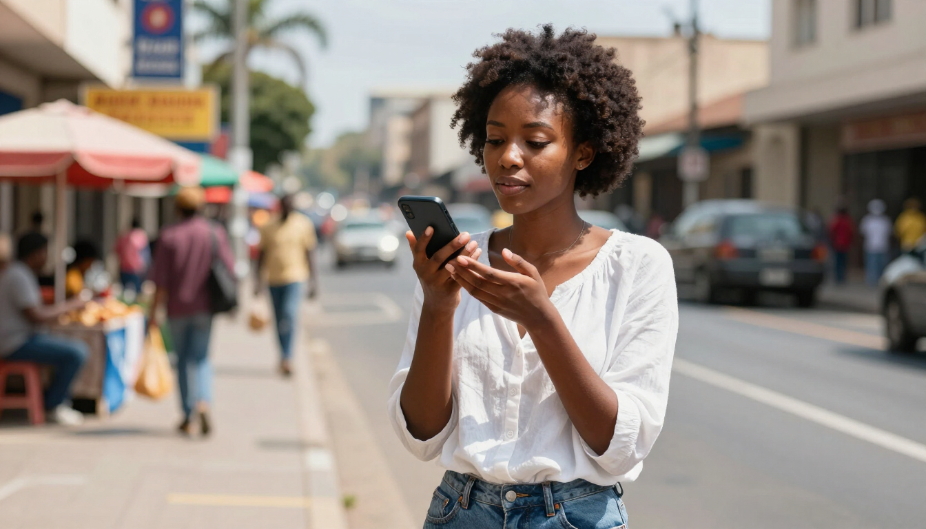 Person using voice search in a busy city