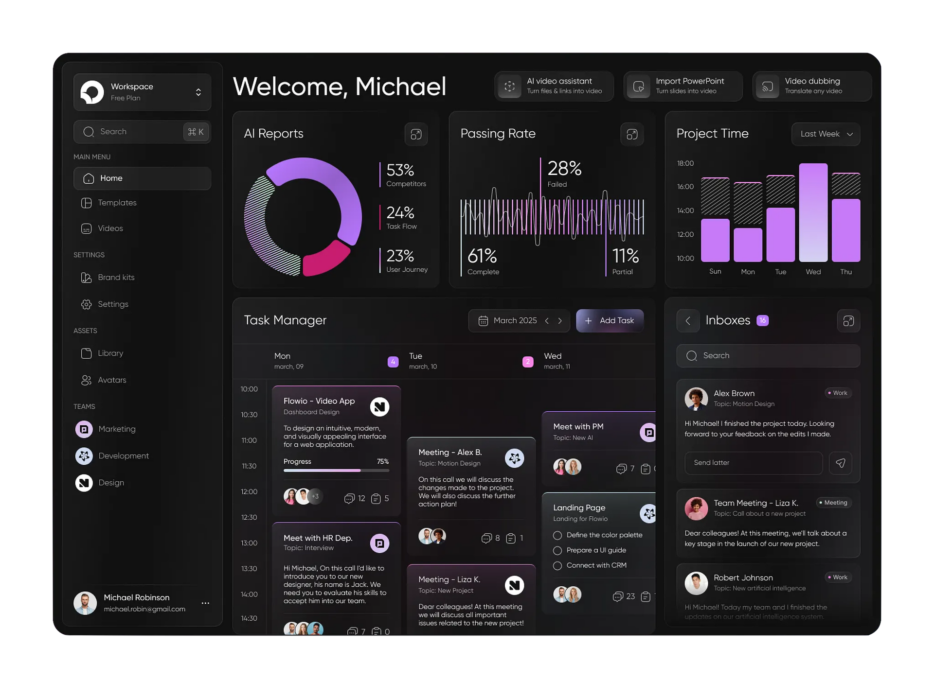 Dark analytics dashboard with purple charts, cards, and a left sidebar navigation.