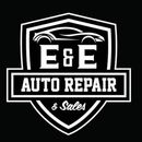 Black-and-white E&E Auto Repair & Sales logo with a car silhouette and shield emblem