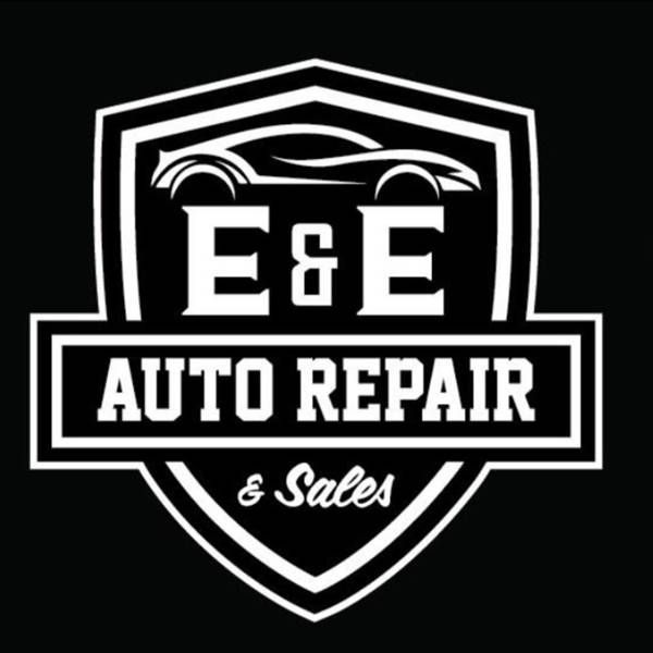 Black-and-white E&E Auto Repair & Sales logo with a car silhouette and shield emblem