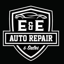 Black-and-white E&E Auto Repair & Sales logo with a car silhouette and shield emblem
