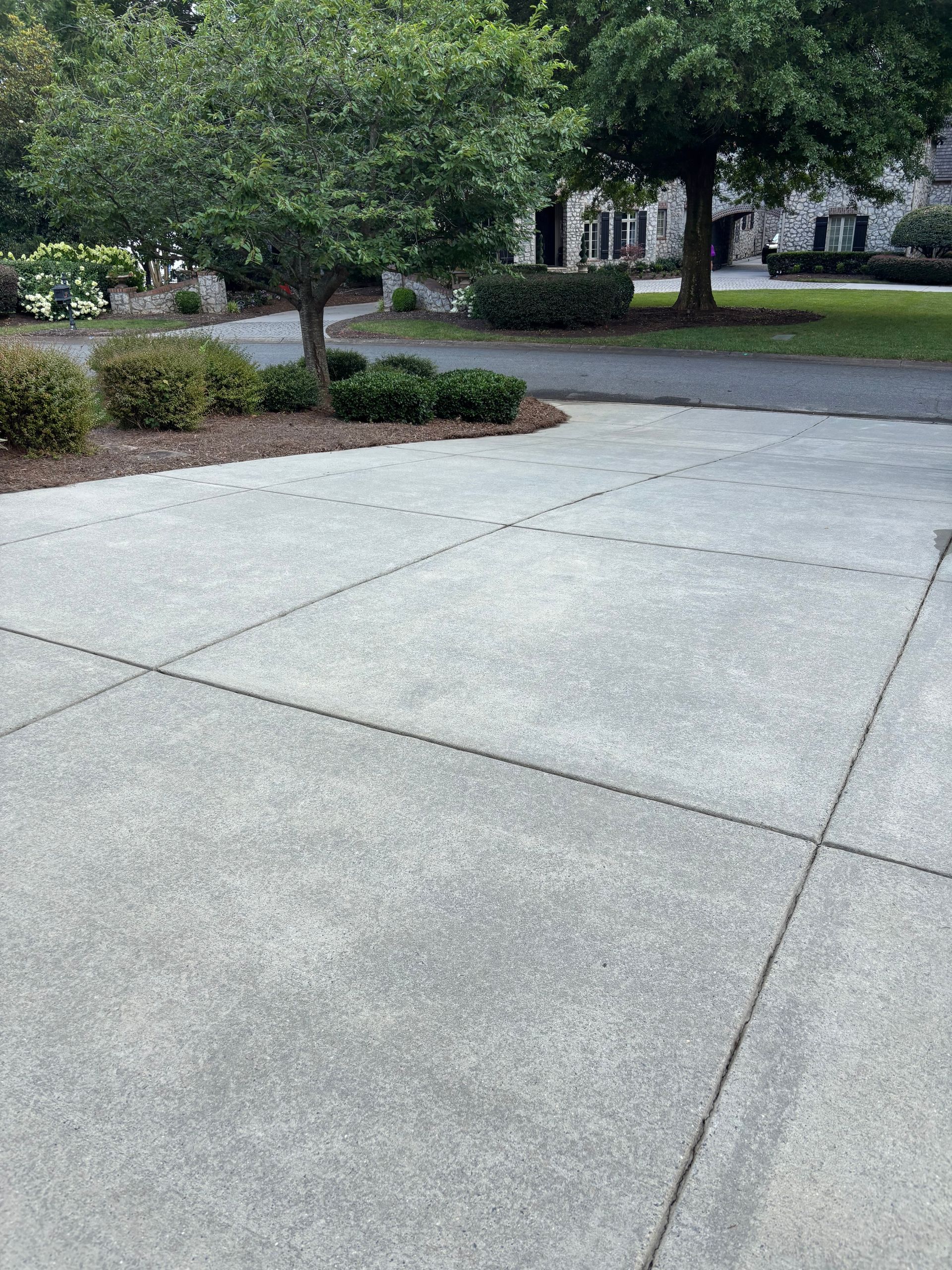 Windows Gutters LLC - Concrete driveway with trees, shrubs, and a building in the background.