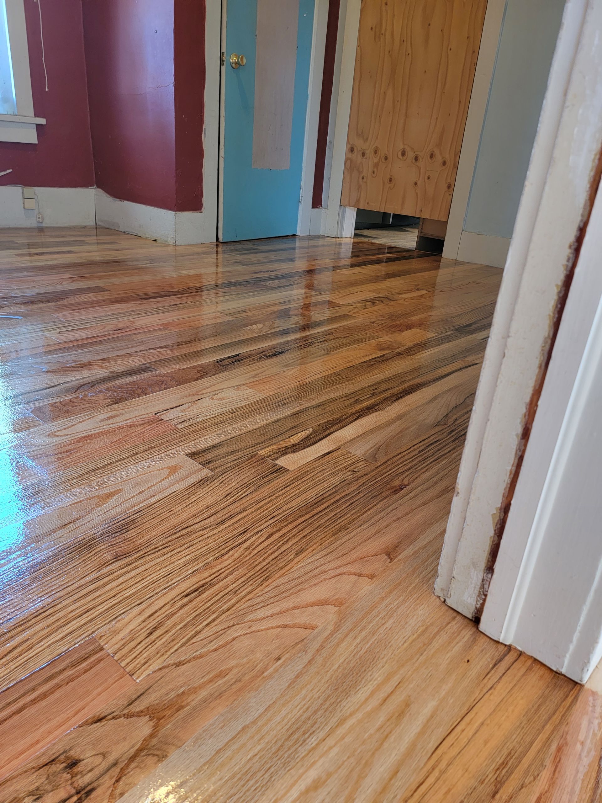 Shiny hardwood hallway with open doorways and white trim, viewed from a low angle.