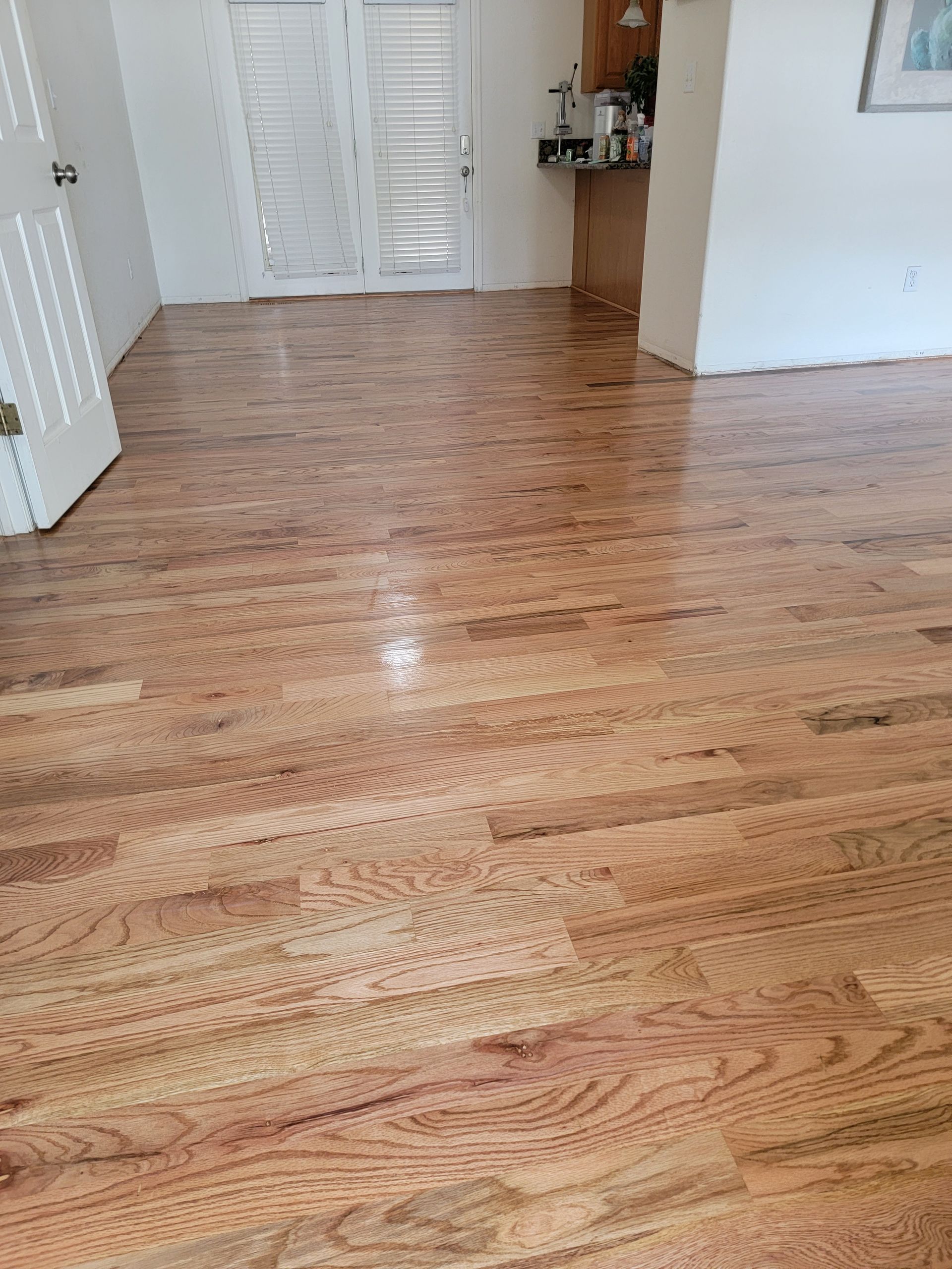 Empty room with glossy hardwood floors and white walls, leading to a doorway and shutters in back.