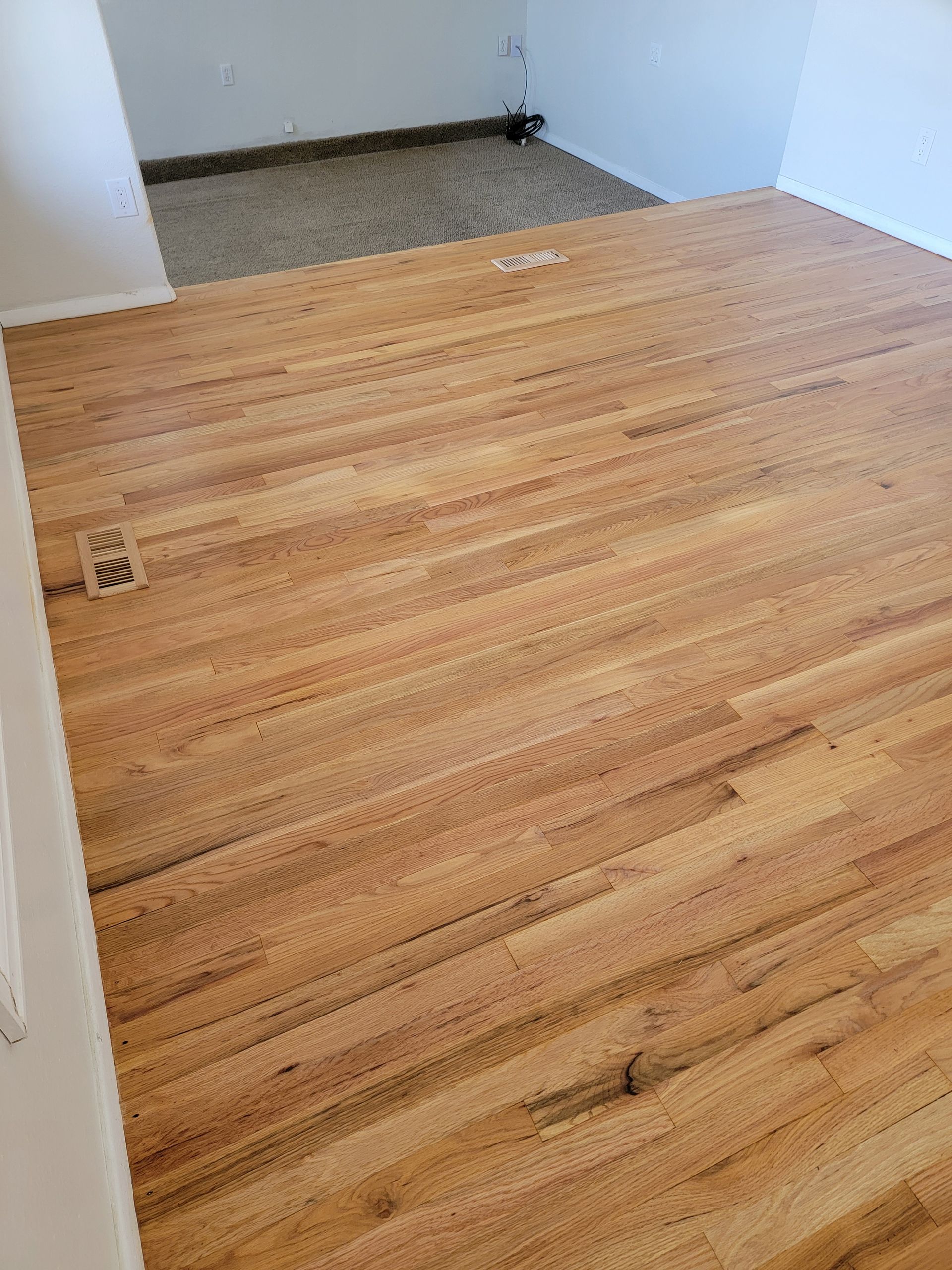 Empty room with light wood floor, white walls, and a small carpeted area at the far end