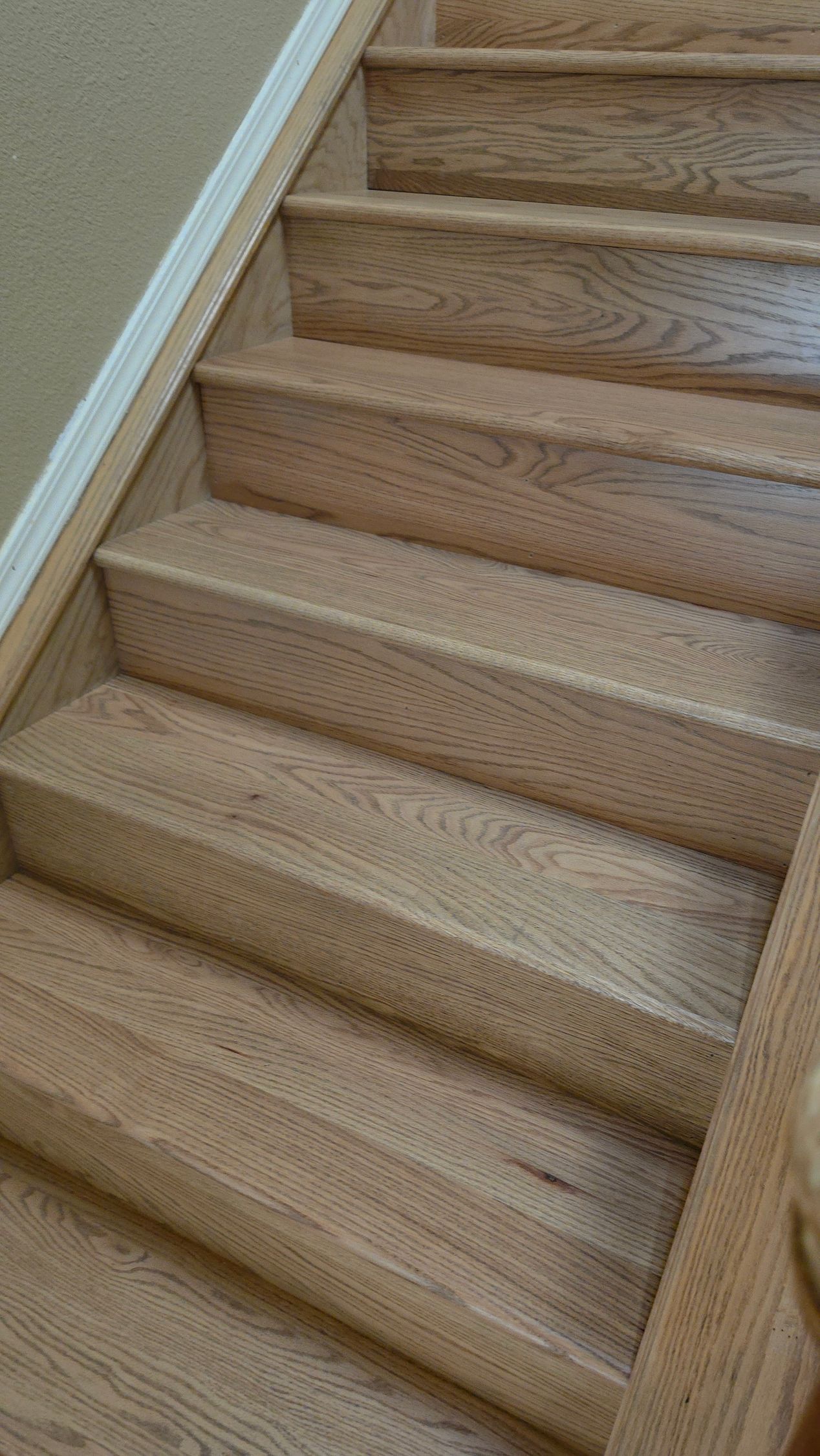 Carpeted wooden staircase with beige walls and white trim, viewed from the bottom.